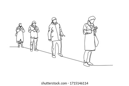 Continuous one line drawing of people waiting in line and doing physical distancing to prevent virus infection 