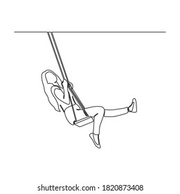 Continuous one line drawing of people sitting and playing swinging .Vector happy childhood.