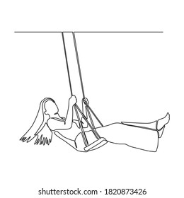 Continuous one line drawing of people sitting and playing swinging .Vector happy childhood.