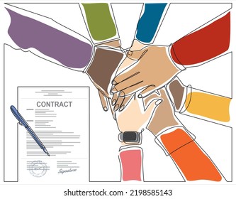 Continuous one line drawing of People showing unity with their hands together. Crossed hands and agreement paper. Business team work cooperation and partnership.