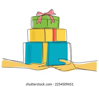 Continuous one line drawing people hands give pile of gift boxes. Couple holding packaged present together. Birthday presents cardboard box with ribbon. Single line design vector graphic illustration