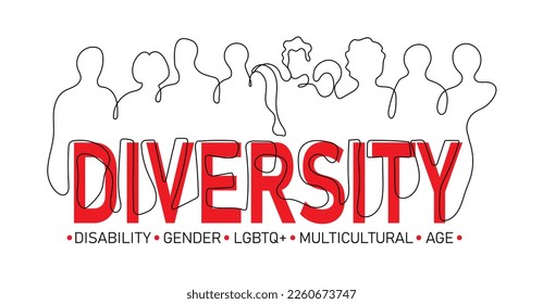 Dibujo continuo de una línea de personas de razas multiétnicas. Igualdad racial y antirracismo. Diversidad de género y edad. Sociedad multicultural. Amistad. Ilustración del vector