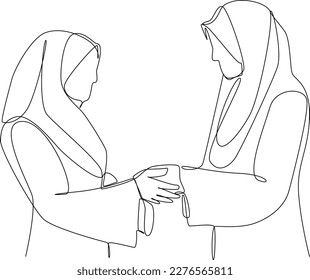 Continuous one line drawing people shaking hands with each other.  Eid al-Fitr concept. Single line draw design vector graphic illustration.