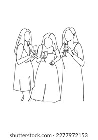 Continuous one line drawing of people cheering glasses of wine. Vector illustration.