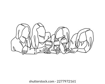 Continuous one line drawing of people cheering glasses of wine. Vector illustration.