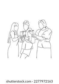 Continuous one line drawing of people cheering glasses of wine. Vector illustration.