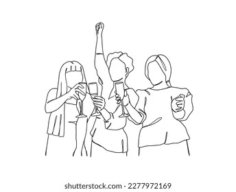 Continuous one line drawing of people cheering glasses of wine. Vector illustration.