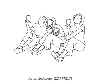 Continuous one line drawing of people cheering glasses of wine. Vector illustration.