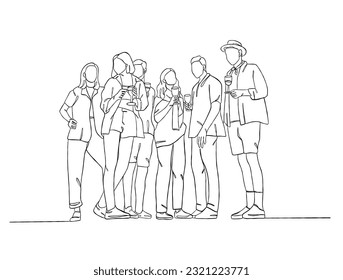 Continuous one line drawing of people cheering glasses of wine. Vector illustration.