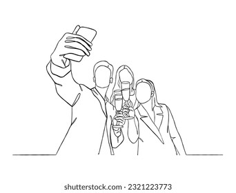 Continuous one line drawing of people cheering glasses of wine. Vector illustration.