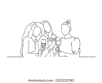 Dibujo continuo de una línea de gente animando vasos de vino. Ilustración vectorial.