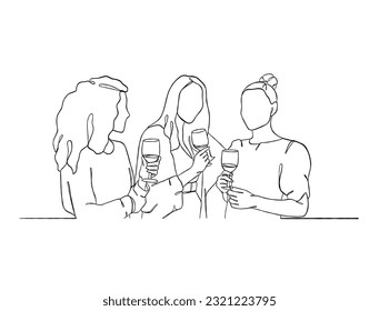 Continuous one line drawing of people cheering glasses of wine. Vector illustration.