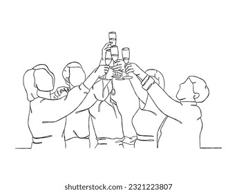 Continuous one line drawing of people cheering glasses of wine. Vector illustration.