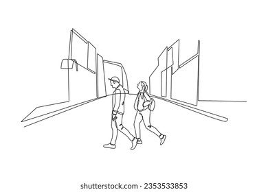 Kontinuierlich eine Linie ziehen Menschen entlang der Stadtstraße. Urbanes Panorama mit Fußgängern, Radfahrern, Gebäuden, Bäumen und Straße. Horizontales Stadtbild. Doodle, Vektorgrafik.