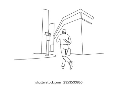 Continuous one line drawing People going along city street. Urban panorama with pedestrians, cyclists, buildings, trees and road. Horizontal cityscape concept. Doodle vector illustration.