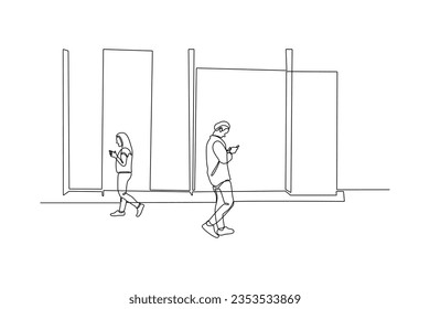 Continuous one line drawing People going along city street. Urban panorama with pedestrians, cyclists, buildings, trees and road. Horizontal cityscape concept. Doodle vector illustration.