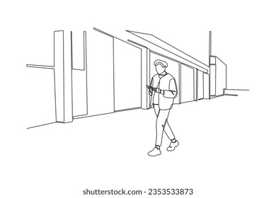 Continuous one line drawing People going along city street. Urban panorama with pedestrians, cyclists, buildings, trees and road. Horizontal cityscape concept. Doodle vector illustration.
