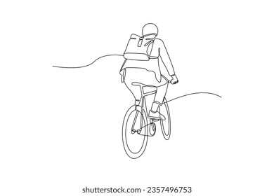 Continuous one line drawing People riding bikes on city street concept. Doodle vector illustration.