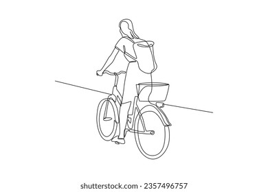 Dibujo continuo de una línea. Gente montando bicicletas en el concepto de la calle de la ciudad. Ilustración del vector Doodle.