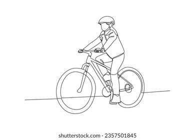 Dibujo continuo de una línea. Gente montando bicicletas en el concepto de la calle de la ciudad. Ilustración del vector Doodle.