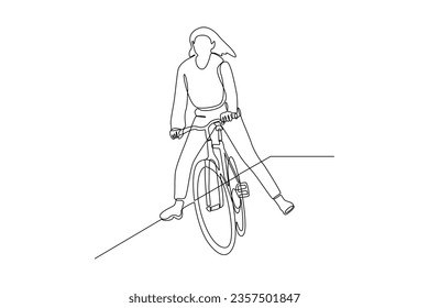 Continuous one line drawing People riding bikes on city street concept. Doodle vector illustration.