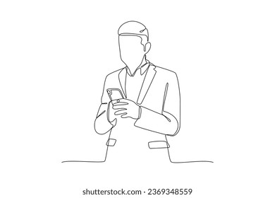Dibujo continuo de una línea La gente sostiene, usa teléfonos móviles. Caracteres con smartphones en manos concepto. Ilustración del vector Doodle.