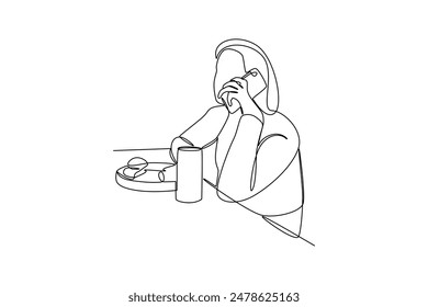 Continuous one line drawing people was having dinner while calling his friend. Family having meal around kitchen table together. Dinner minimalist concept. Single line draw design vector graphic illus