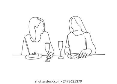 Continuous one line drawing people dinner with old friend. Family having meal around kitchen table together. Dinner minimalist concept. Single line draw design vector graphic illustration
