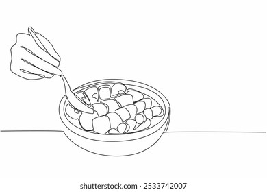 Continuous one line drawing people scooping from wooden acai bowl containing pieces of several fruits. Contains lots of vitamins. National Acai Bowl Day. Single line draw design vector illustration