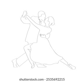 Uma linha contínua desenhando pessoas dançando salsa.  Pares de dançarinos com estilos de valsa tango e salsa se movem. 
 Casais, homem e mulher dançam juntos. Vetor feito à mão não AI.