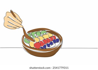 Continuous one line drawing people scooping from wooden acai bowl containing pieces of several fruits. Contains lots of vitamins. National Acai Bowl Day. Single line draw design vector illustration