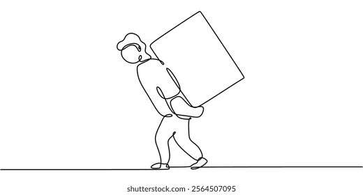 Continuous one line drawing of people carrying loads while walking. Highlighting effort, endurance, and the challenges of progress. Vector illustration one line art minimalist.