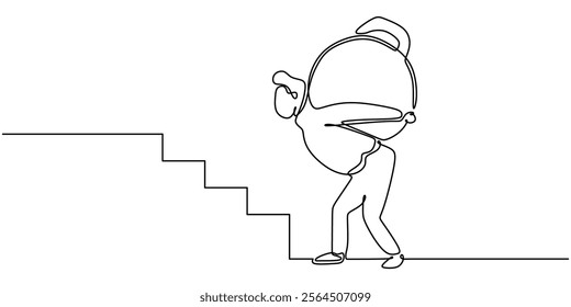 Continuous one line drawing of people carrying loads while climbing stairs. Representing struggle, perseverance, and the journey toward success. Vector illustration one line art minimalist.