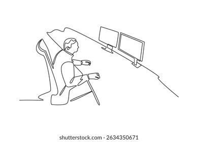 Continuous one line drawing a people controlling astronaut activity at control office. Professional job profession minimalist concept. Single line draw design vector graphic illustration