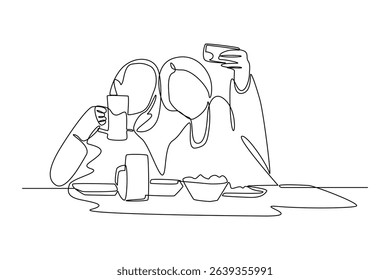 Continuous one line drawing of people buy and selfie food court food. Food corner minimalist concept. Food and drink.