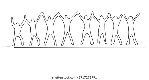 Dibujo continuo de una línea de personas que se toman de la mano en una fila que simboliza la unidad, el trabajo en equipo, la inclusión, la igualdad y la Asistencia comunitaria