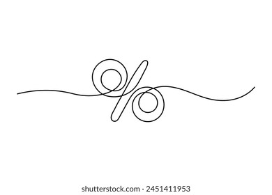 Dibujo continuo de una línea de signo de porcentaje sobre fondo blanco, ilustración minimalista de contorno de una línea delgada en blanco y negro, Vector de fondo
