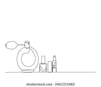 Continuous one line drawing of perfume bottle ,lipstick, mascara cosmetics. Cosmetic set outline vector illustration. Editable stroke.