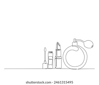 Continuous one line drawing of perfume bottle ,lipstick, mascara cosmetics. Cosmetic set outline vector illustration. Editable stroke.