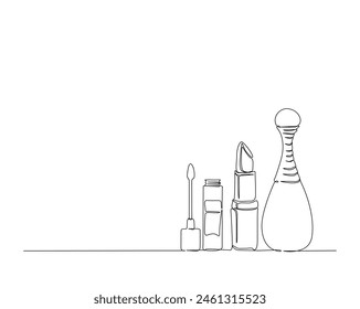 Continuous one line drawing of perfume bottle ,lipstick, mascara cosmetics. Cosmetic set outline vector illustration. Editable stroke.