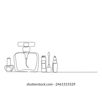 Continuous one line drawing of perfume bottle ,lipstick, mascara cosmetics. Cosmetic set outline vector illustration. Editable stroke.