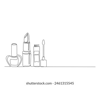 Continuous one line drawing of perfume bottle ,lipstick, mascara cosmetics. Cosmetic set outline vector illustration. Editable stroke.