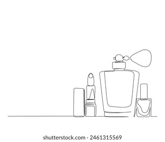 Continuous one line drawing of perfume bottle ,lipstick, mascara cosmetics. Cosmetic set outline vector illustration. Editable stroke.