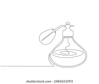 Continuous one line drawing of perfume spray bottle. One line drawing illustration of vintage perfume spray. Cosmetic concept one line. Editable outline.