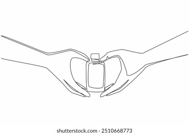 Continuous one line drawing the perfume hold in a heart-shaped hand. Fragrance maniac. Sandalwood scent lover. Masculine. Elegance. National Fragrance Day. Single line draw design vector illustration