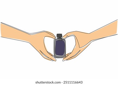 Continuous one line drawing the perfume hold in a heart-shaped hand. Fragrance maniac. Sandalwood scent lover. Masculine. Elegance. National Fragrance Day. Single line draw design vector illustration