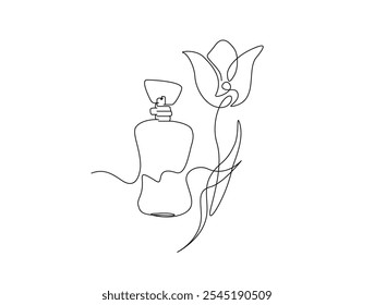 Desenho contínuo de uma linha de frasco de perfume com flor. Frasco de perfume moderno ilustração vetor de linha única.