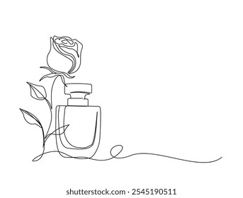 Desenho contínuo de uma linha de frasco de perfume com flor. Frasco de perfume moderno ilustração vetor de linha única.