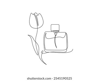 Desenho contínuo de uma linha de frasco de perfume com flor. Frasco de perfume moderno ilustração vetor de linha única.