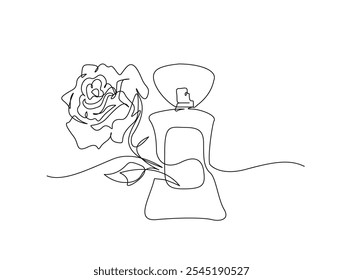 Desenho contínuo de uma linha de frasco de perfume com flor. Frasco de perfume moderno ilustração vetor de linha única.